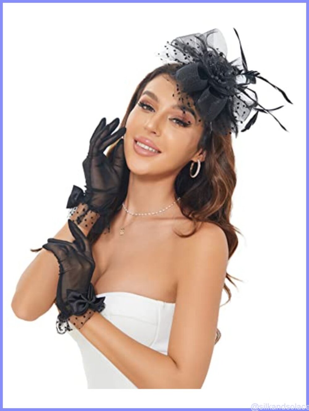 Vintage Pearl Feather Fascinator Hat with Veil Clip & Lace Gloves Set